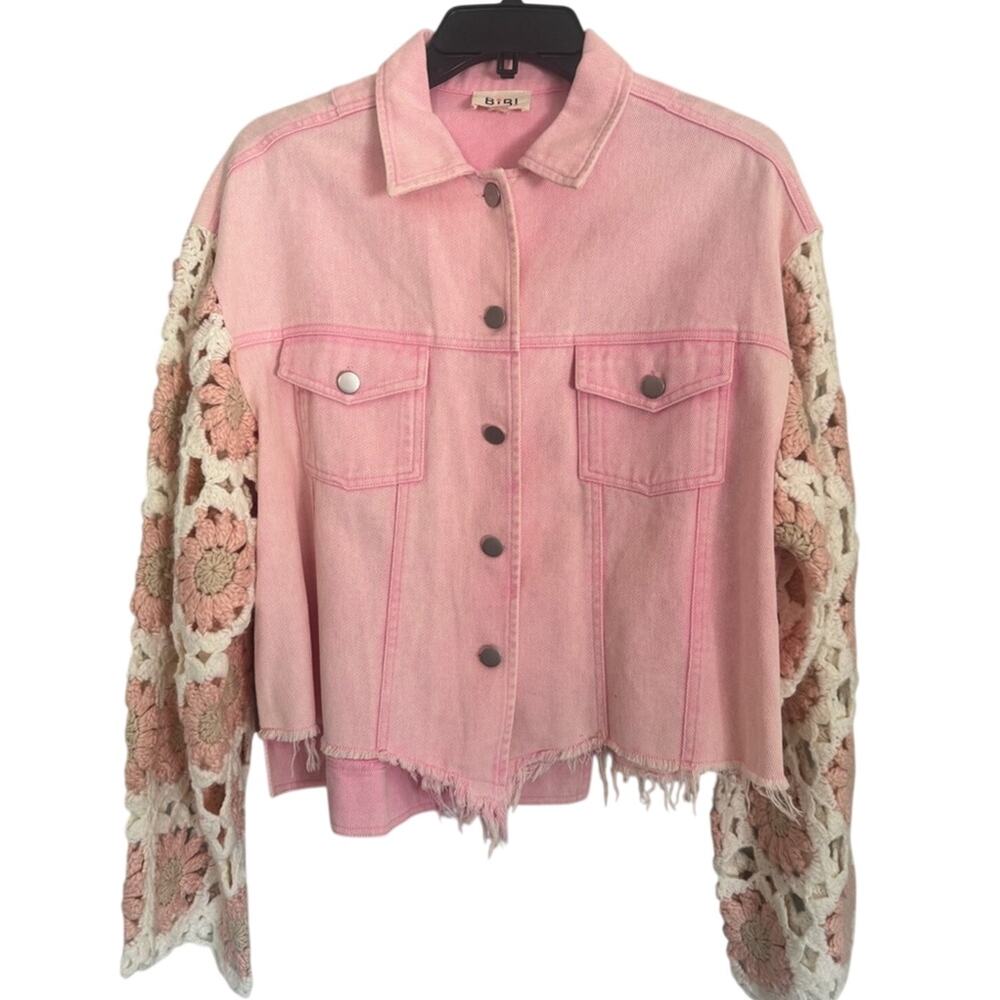 BIBI Pink Washed Denim Jacket Crochet Granny Square Sleeves Boho Cowgirl SZ SM